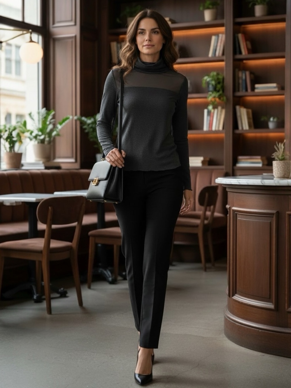 MILAN KISS DARK CHARCOAL GRAY SHEER DETAIL TURTLENECK SHIRT